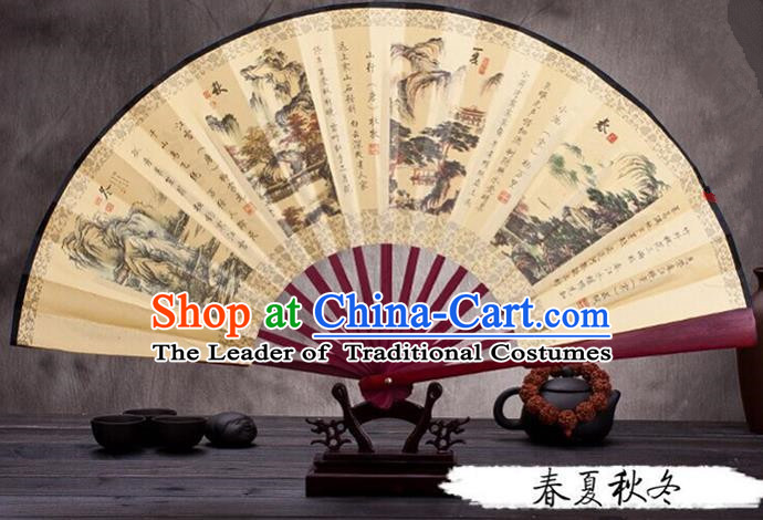Traditional Chinese Ancient Peking Opera Accessories Scholar Ink Painting Four Seasons Fan, Traditional Chinese Beijing Opera Young Men Props Folding Fans