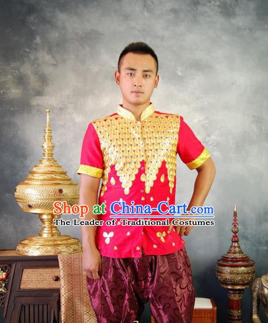 Traditional Traditional Thailand Male Clothing, Southeast Asia Thai Ancient Costumes Dai Nationality Red Blouse for Men