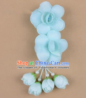 Chinese Ancient Peking Opera Hair Accessories Diva Temple Light Blue Flowers Hairpins, Traditional Chinese Beijing Opera Princess Hua Tan Hair Clasp Head-ornaments
