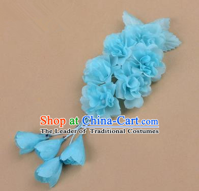 Top Grade Chinese Ancient Peking Opera Hair Accessories Diva Crystal Temple Blue Jasmine Flowers Hairpins, Traditional Chinese Beijing Opera Hua Tan Hair Clasp Head-ornaments