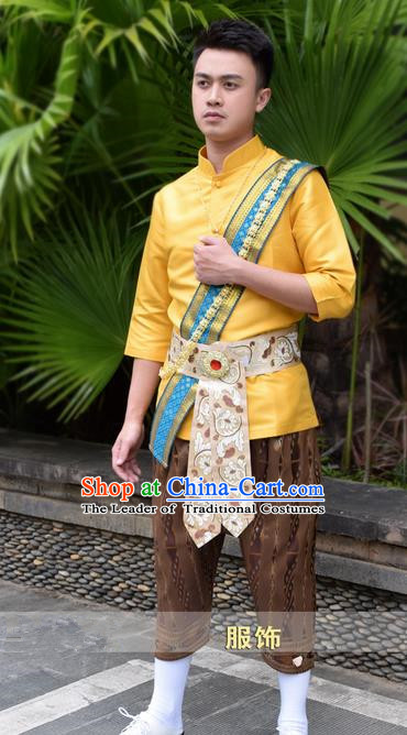 Traditional Traditional Thailand Male Clothing, Southeast Asia Thai Ancient Costumes Dai Nationality Golden Shirt and Pants for Men