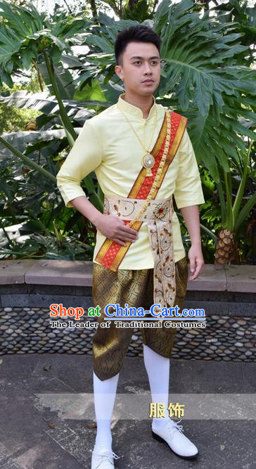 Traditional Traditional Thailand Male Clothing, Southeast Asia Thai Ancient Costumes Dai Nationality Yellow Shirt and Pants for Men