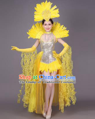 Traditional Chinese Modern Dance Performance Costume, China Opening Dance Samba Dance Clothing, Classical Dance Yellow Dress for Women