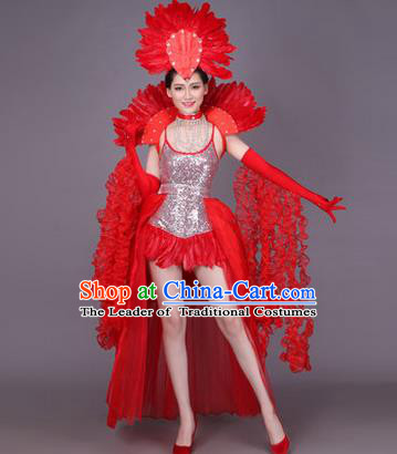 Traditional Chinese Modern Dance Performance Costume, China Opening Dance Samba Dance Clothing, Classical Dance Red Dress for Women