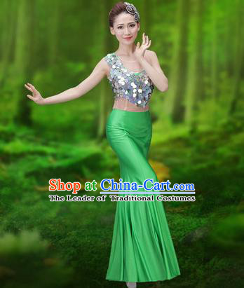 Traditional Chinese Dai Nationality Peacock Dance Costume, Folk Dance Ethnic Pavane Clothing, Chinese Minority Nationality Dance Green Dress for Women