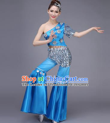Traditional Chinese Dai Nationality Peacock Dance Costume, Folk Dance Ethnic Pavane Clothing, Chinese Minority Nationality Dance Blue Suit for Women