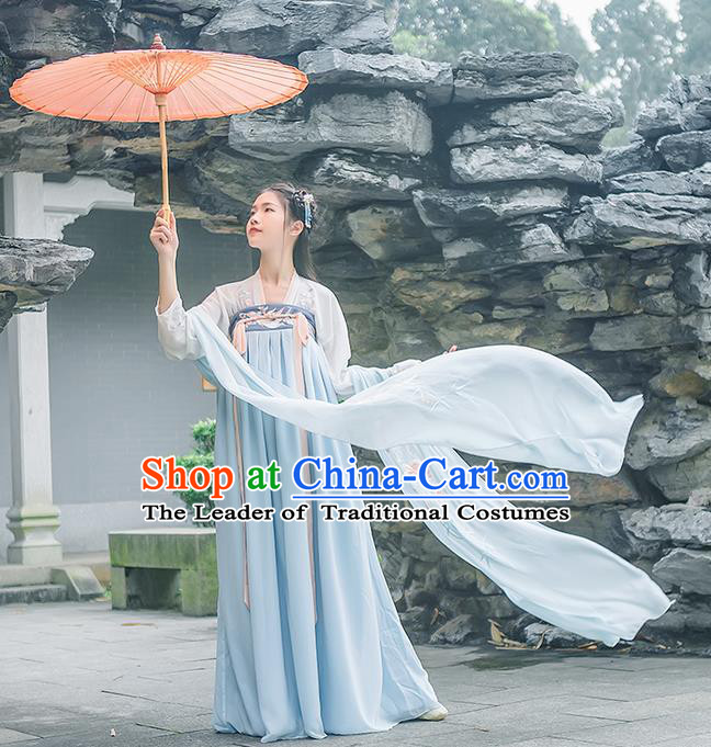 Traditional Chinese Tang Dynasty Palace Princess Embroidered Flowers Hanfu Blue Wide Wearing Silks for Women