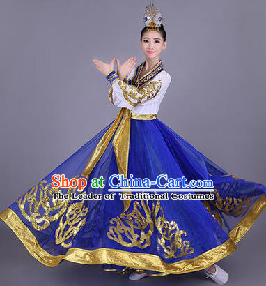 Traditional Korean Nationality Dance Costume, Chinese Minority Nationality Embroidery Hanbok Blue Dress for Women