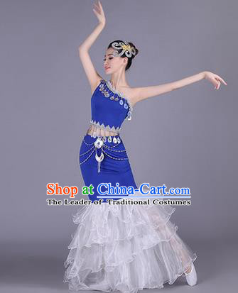 Traditional Chinese Dai Nationality Peacock Dance Costume, Folk Dance Ethnic Pavane Clothing, Chinese Minority Nationality Dance Fishtail Dress for Women