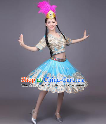 Traditional Chinese Uyghur Nationality Dancing Costume, Folk Dance Ethnic Costume, Chinese Minority Nationality Uigurian Dance Blue Short Dress for Women