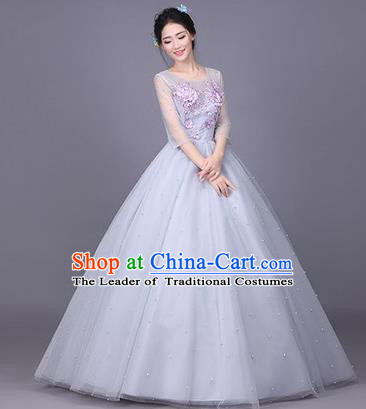 Traditional Chinese Modern Dance Compere Performance Costume, China Opening Dance Chorus Full Dress, Classical Dance Big Swing Grey Bubble Dress for Women