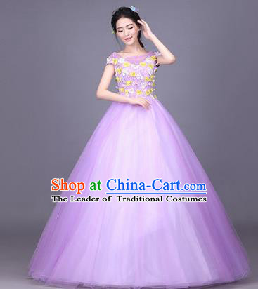 Traditional Chinese Modern Dance Compere Performance Costume, China Opening Dance Chorus Full Dress, Classical Dance Big Swing Purple Bubble Dress for Women