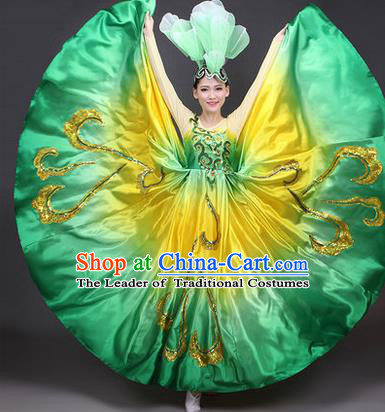 Traditional Chinese Modern Dance Compere Performance Costume, China Opening Dance Chorus Full Dress, Classical Dance Big Swing Green Dress for Women
