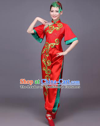 Traditional Chinese Yangge Fan Dancing Costume, Folk Dance Yangko Uniform Drum Dance Red Clothing for Women