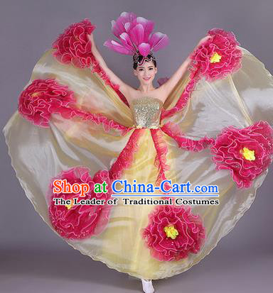 Traditional Chinese Modern Dance Compere Performance Costume, China Opening Dance Chorus Big Swing Flowers Full Dress, Classical Dance Yellow Dress for Women