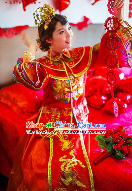 Traditional Chinese Wedding Costume Xiuhe Suits Wedding Bride Red Suit, Ancient Chinese Toast Dress Embroidered Dragon and Phoenix Clothing Longfeng Flown for Women
