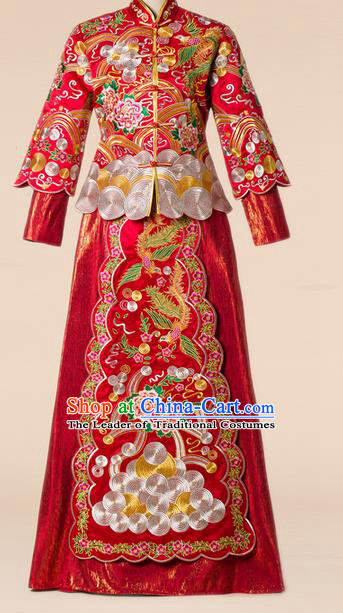 Traditional Chinese Wedding Costume Xiuhe Wedding Clothing Longfeng Flown, Ancient Chinese Bride Toast Hand Embroidered Dragon and Phoenix Cheongsam Full Dress for Women