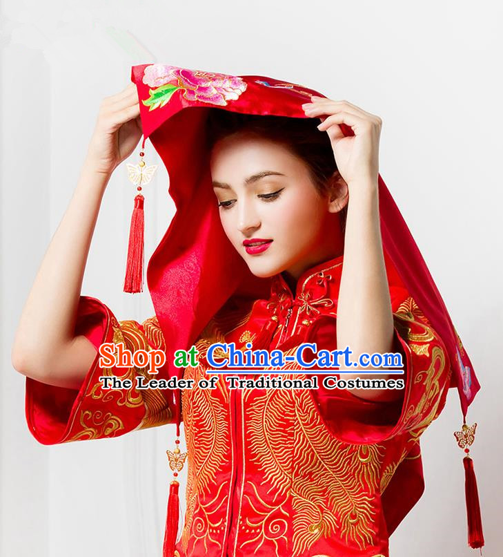Traditional Chinese Wedding Costume Xiuhe Red Bridal Veil, Ancient Chinese Bride Embroidered Peony Chinese Knot Red Head Cover for Women
