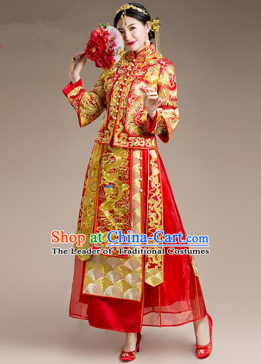 Traditional Chinese Wedding Costume Xiuhe Suit Clothing Dragon and Phoenix Flown, Ancient Chinese Bride Embroidered Cheongsam Dress for Women