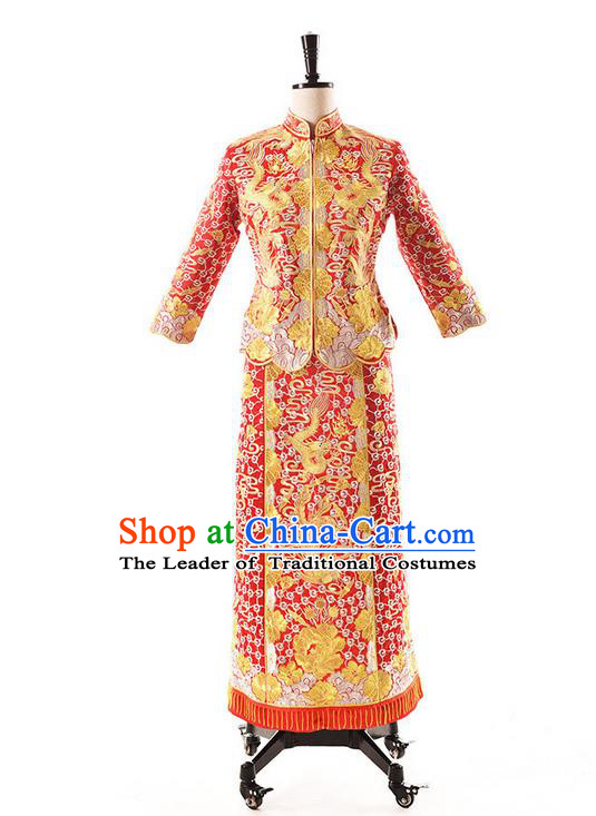 Traditional Chinese Wedding Costume XiuHe Suit Clothing Dragon and Phoenix Flown Bottom Drawer, Ancient Chinese Bride Hand Embroidered Cheongsam Dress for Women