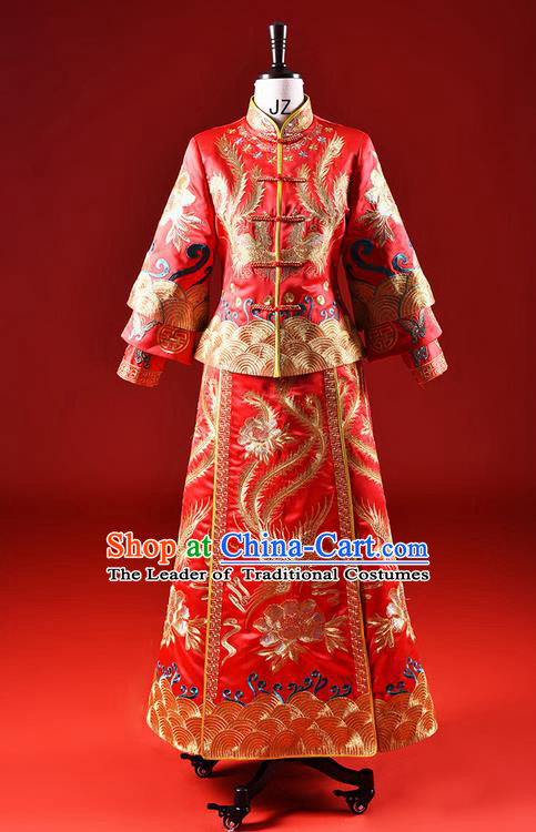 Traditional Chinese Wedding Costume XiuHe Suit Clothing Dragon and Phoenix Flown Wedding Dress, Ancient Chinese Bride Hand Embroidered Phoenix Cheongsam Dress for Women