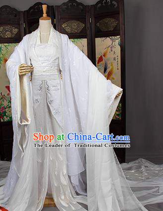 Traditional Chinese Tang Dynasty Swordswoman Costume, Elegant Hanfu Cosplay Palace Princess Clothing Ancient Chinese White Dress for Women