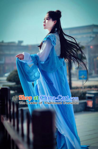 Traditional Chinese Cosplay Imperial Princess Costume, Chinese Ancient Hanfu Han Dynasty Young Lady Blue Dress Clothing for Women