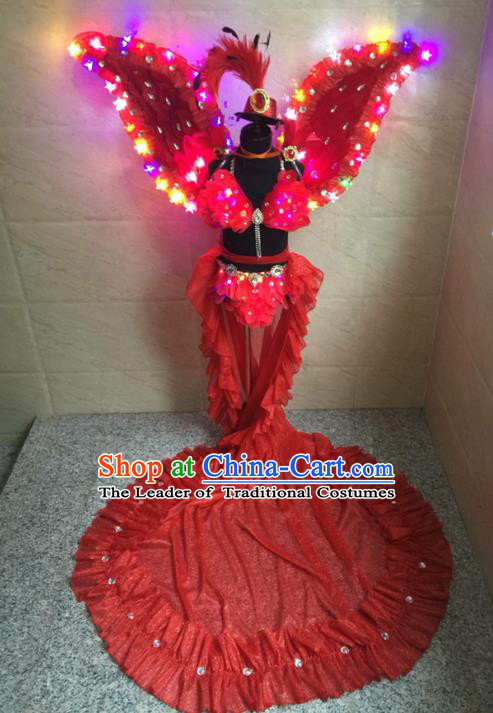 Top Grade Compere Professional Performance Catwalks Costume, Traditional Brazilian Rio Carnival Modern Dance Fancywork Red Feather Wings Swimsuit Led Clothing for Kids