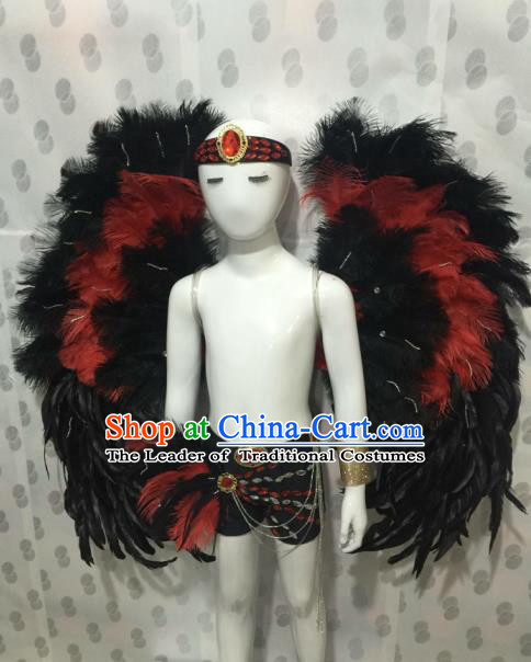 Top Grade Compere Professional Performance Catwalks Halloween Feather Costumes, Traditional Brazilian Rio Carnival Dance Fancywork Wings Swimsuit Clothing for Kids