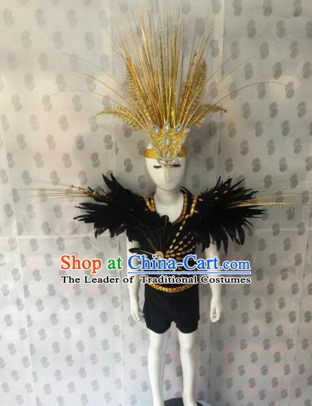 Top Grade Compere Professional Performance Catwalks Costumes, Traditional Brazilian Rio Carnival Dance Feather Dress Fancywork Swimsuit Bikini Clothing for Kids