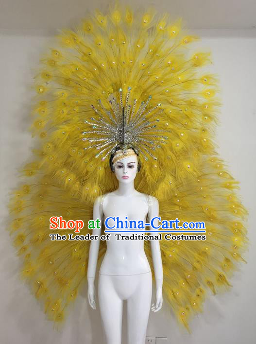 Top Grade Compere Professional Performance Catwalks Yellow Feather Wings Costume and Headpiece, Traditional Brazilian Rio Carnival Samba Opening Dance Suits Clothing for Women
