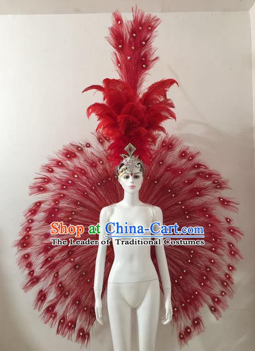 Top Grade Compere Professional Performance Catwalks Red Feather Wings Costume and Headpiece, Traditional Brazilian Rio Carnival Samba Opening Dance Suits Clothing for Women