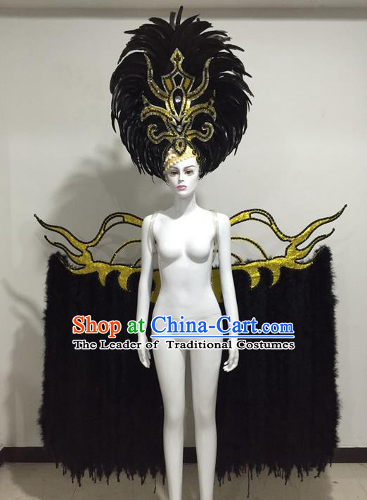 Top Grade Compere Professional Performance Catwalks Miami Feathers Deluxe Wings and Headpiece, Traditional Brazilian Rio Carnival Samba Opening Dance Custom-made Customized Suits Clothing for Women