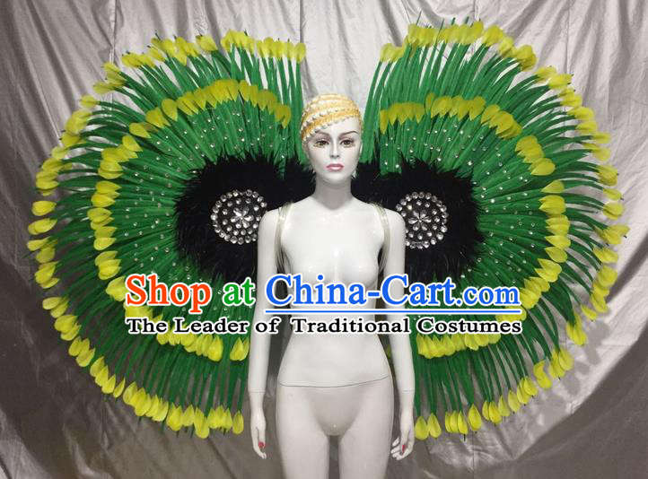 Top Grade Professional Stage Show Catwalks Green Feather Wings, Brazilian Rio Carnival Samba Opening Dance Custom-made Customized Props Clothing for Women