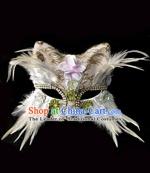Top Grade Chinese Theatrical Luxury Headdress Ornamental White Cat Mask, Halloween Fancy Ball Ceremonial Occasions Handmade Feather Face Mask for Men