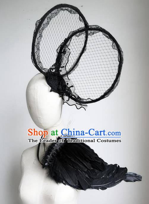 Top Grade Chinese Theatrical Luxury Headdress Ornamental Black Feather Headwear and Wings, Halloween Fancy Ball Ceremonial Occasions Handmade Accessories for Women