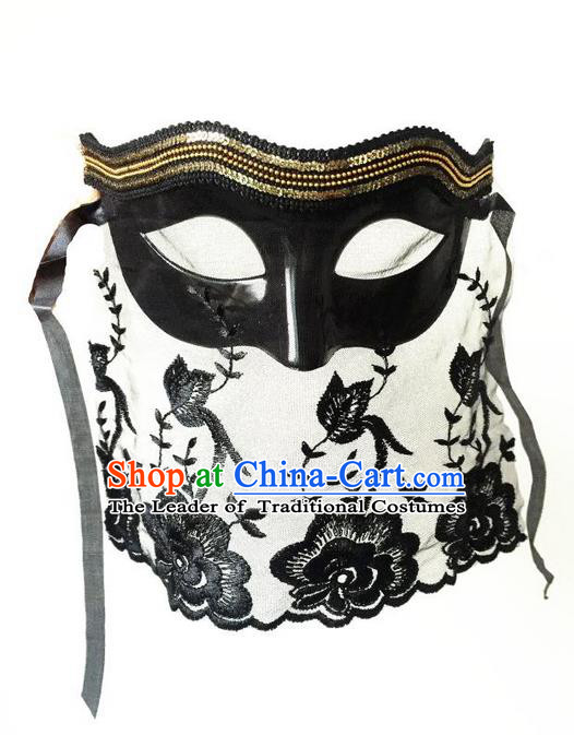 Top Grade Chinese Theatrical Luxury Headdress Ornamental Black Veil Mask, Halloween Fancy Ball Ceremonial Occasions Handmade Lace Mask for Women