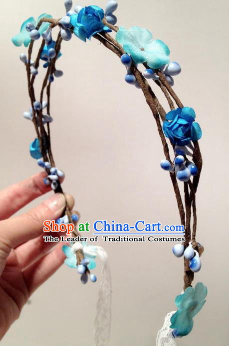 Top Grade Chinese Theatrical Luxury Headdress Ornamental Blue Flowers Hair Clasp, Halloween Fancy Ball Ceremonial Occasions Handmade Hair Accessories for Women