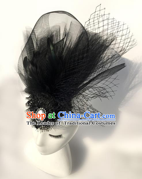Top Grade Chinese Theatrical Headdress Traditional Ornamental Black Veil Headwear, Brazilian Carnival Halloween Occasions Handmade Vintage Queen Hair Clasp for Women