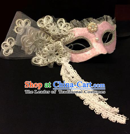 Top Grade Chinese Theatrical Headdress Traditional Ornamental Lace Mask, Brazilian Carnival Halloween Occasions Handmade Miami Pink Mask for Women