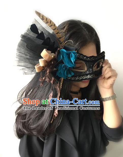 Top Grade Chinese Theatrical Headdress Traditional Ornamental Princess Flowers Black Mask, Brazilian Carnival Halloween Occasions Handmade Miami Mask for Women