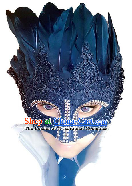 Top Grade Chinese Theatrical Headdress Traditional Ornamental Blue Feather Mask, Brazilian Carnival Halloween Occasions Handmade Mask for Men