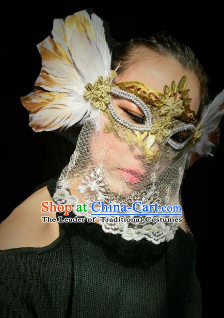 Top Grade Chinese Theatrical Headdress Traditional Ornamental Feather Veil Mask, Brazilian Carnival Halloween Occasions Handmade Bride White Mask for Women