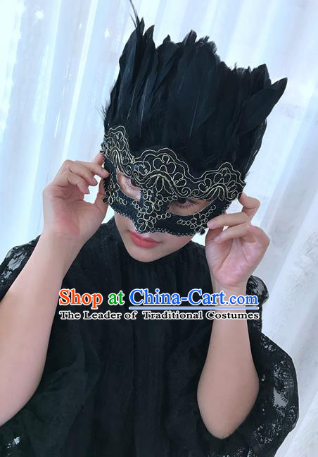 Top Grade Chinese Theatrical Traditional Ornamental Black Feathert Mask, Brazilian Carnival Halloween Occasions Handmade Vintage Mask for Men
