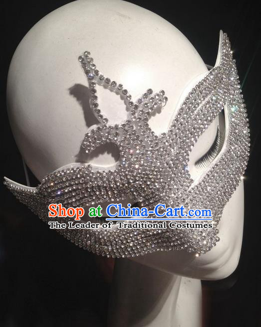 Top Grade Chinese Theatrical Traditional Ornamental Exaggerated Diamante Mask, Halloween Fancy Ball Ceremonial Occasions Handmade Bride Crystal Face Mask for Women