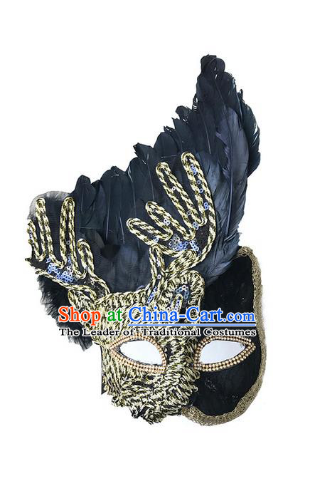 Top Grade Asian Headpiece Headdress Ornamental Mask, Brazilian Carnival Halloween Occasions Handmade Miami Black Feather Mask for Women