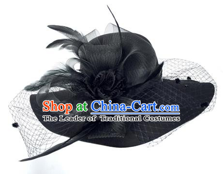 Top Grade Miami Deluxe Black Veil Hair Accessories Top Hat, Halloween Brazilian Carnival Occasions Handmade Feather Hat Headwear for Women