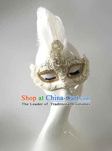 Top Grade Miami Deluxe White Feather Mask, Halloween Brazilian Carnival Occasions Model Show Handmade Face Mask for Men