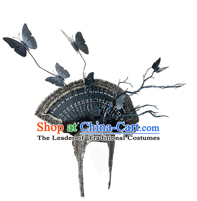 Top Grade Deluxe Asian Chinese Traditional Catwalks Headdress Hair Clasp, Halloween Brazilian Carnival Occasions Model Show Handmade Butterfly Fan Headwear for Women