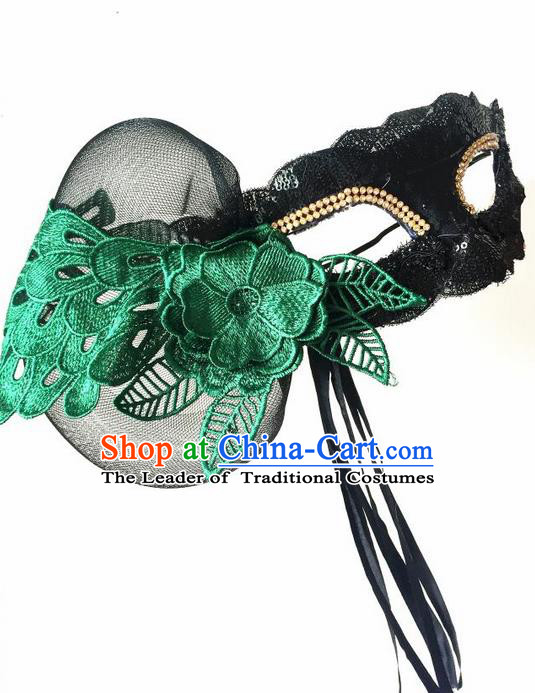 Top Grade Miami Deluxe Embroidery Lace Mask, Halloween White Feather Headdress Brazilian Carnival Occasions Handmade Green Face Mask for Women